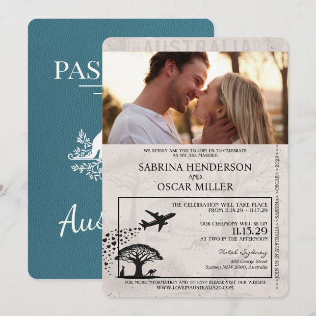 Teal Australia Passport Wedding Invitation (Front/Back)