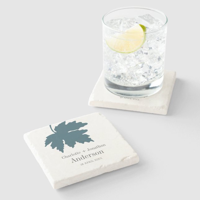 Teal Autumn Maple Leaf Wedding Party  Stone Coaster (Side)