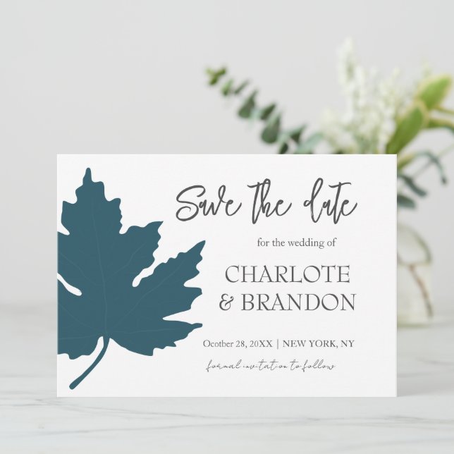 Teal Autumn Maple Leaf Wedding Save The Date Invitation (Standing Front)