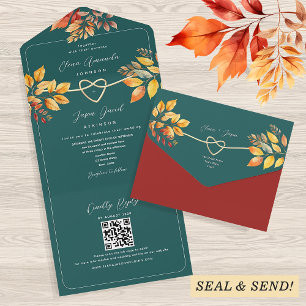 Teal Autumn QR Code Wedding All In One Invitation