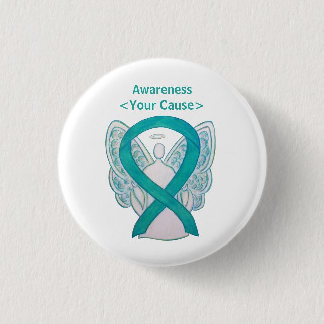 Teal Awareness Ribbon Custom Angel Art Pin Button (Front)