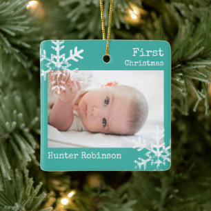 Teal Baby First Christmas Photo Ceramic Ornament