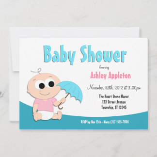 Teal Baby Umbrella - Shower Invitations