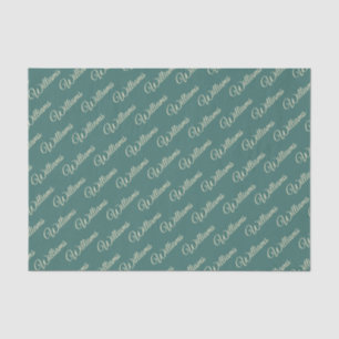 Teal background with cream text tissue paper