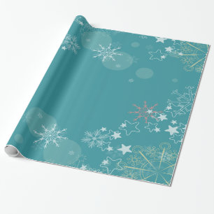 Teal Background with White Snowflakes Wrapping Paper