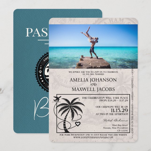 Teal Bahamas Passport Wedding Invitation (Front/Back)