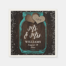 Teal Barn Wood Mason Jar Rustic Mr. & Mrs. Wedding Napkin
