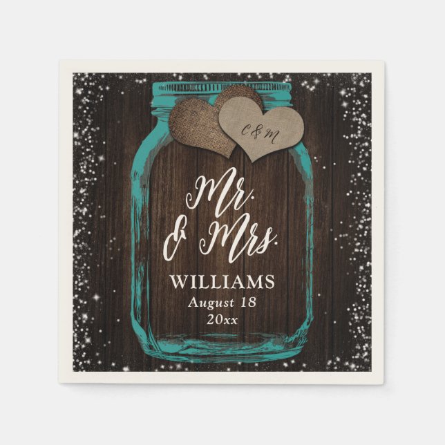 Teal Barn Wood Mason Jar Rustic Mr. & Mrs. Wedding Napkin (Front)