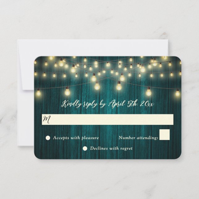 Teal Barn Wood String Lights Country Wedding RSVP Card (Front)