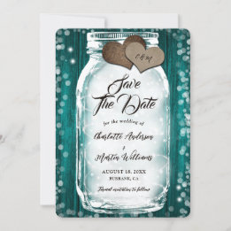 Teal Barn Wood String Lights Mason Jar Wedding Save The Date