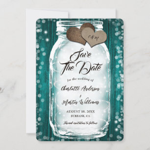 Teal Barn Wood String Lights Mason Jar Wedding Save The Date