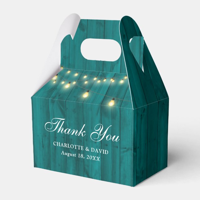 Teal Barn Wood String Lights Wedding Favour Box (Front Side)