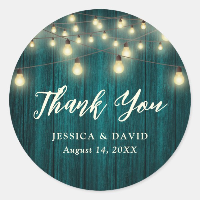 Teal Barn Wood String Lights Wedding Thank You  Classic Round Sticker (Front)