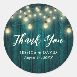 Teal Barn Wood String Lights Wedding Thank You  Classic Round Sticker