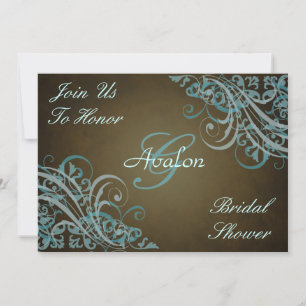 Teal Baroque Swirls Bridal Shower Brown Invitation
