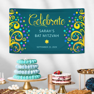 Teal Bat Mitzvah Gold Foil Script Tree of Life Banner