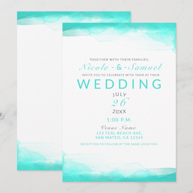 Teal Beach Aqua Blue Watercolor Modern Wedding Invitation (Front/Back)