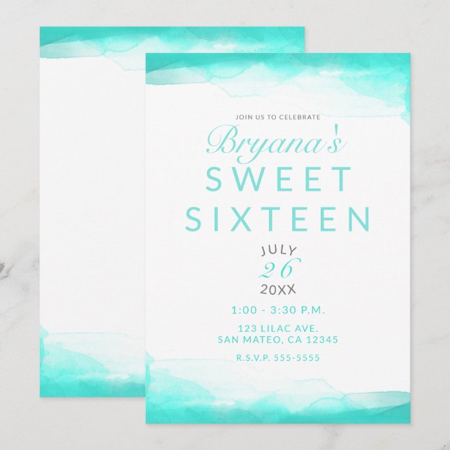 Teal Beach Aqua Watercolor Modern Chic Sweet 16 Invitation (Front/Back)