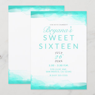 Teal Beach Aqua Watercolor Modern Chic Sweet 16 Invitation