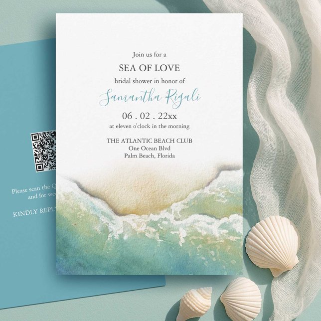 Teal Beach Bridal Shower Invitations | Seashore (teac beach bridal shower invitations watercolor shoreline by small business owner do tell a belle)