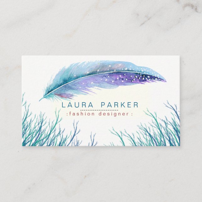 Teal Beach Feather Watercolor Boho Girly Chic Business Card (Front)