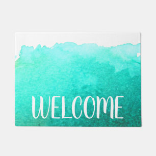 Teal beach house ocean theme welcome mat