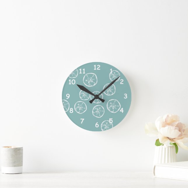 Teal beach house sand dollar shells small size round clock (Home)