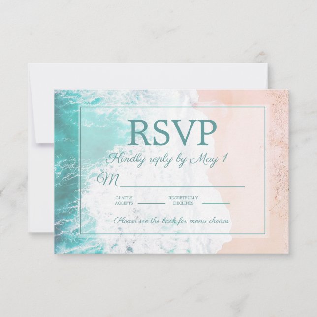 Teal Beach Ocean Sand Wedding RSVP #4 (Front)