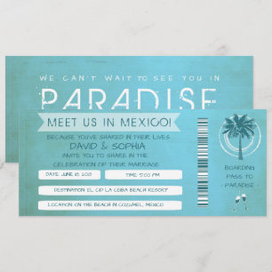 Teal Beach See You in Mexico Wedding Boarding Pass Invitation