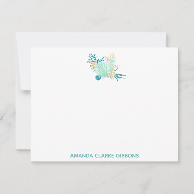 Teal Beach Watercolor Stationery  Flat Note Cards (Front)