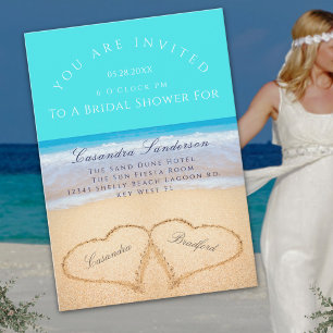 Teal Beach Wedding 2 Hearts  Sand Bridal Shower  Invitation