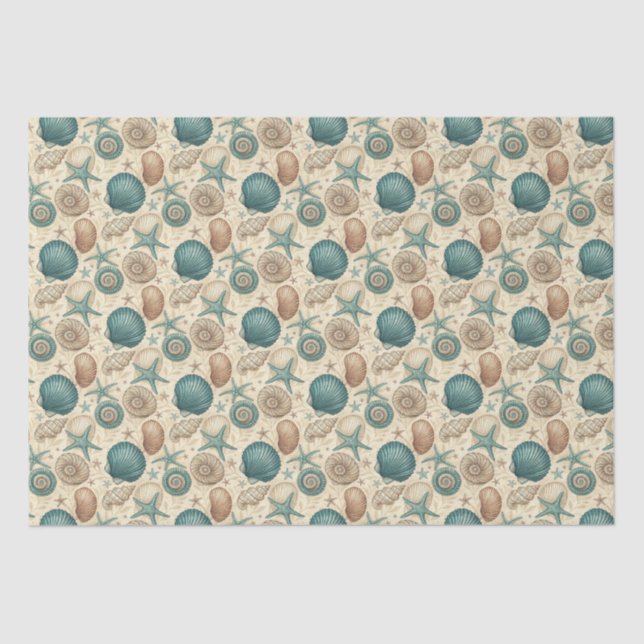 Teal & Beige Beach Shells Pattern Decoupage Tissue Paper (Front)