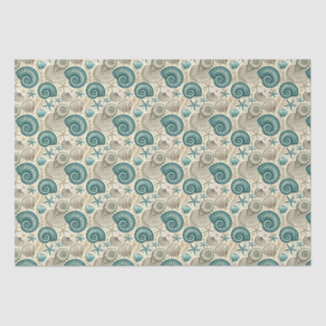 Teal & Beige Beach Shells Pattern Decoupage Tissue Paper (Front)
