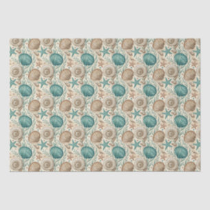 Teal & Beige Beach Shells Pattern Decoupage Tissue Paper