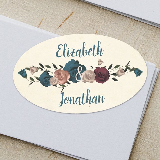Teal, Beige, Burgundy Oval Roses Sticker (Oval Wedding Sticker Label with Couple's Names, Teal, Beige, Burgundy Roses Botanical Theme)