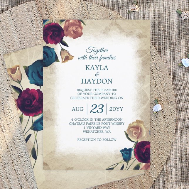 Teal, Beige Burgundy Rose Garden Wedding Invitation (vintage rose garden wedding invitation, teal burgundy beige roses botanical wedding invitation)