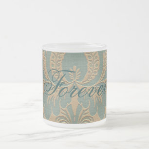 Teal Beige Damask Frosted Glass Coffee Mug