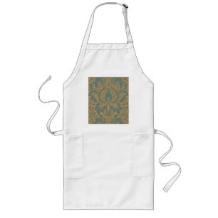 Teal Beige Damask Long Apron