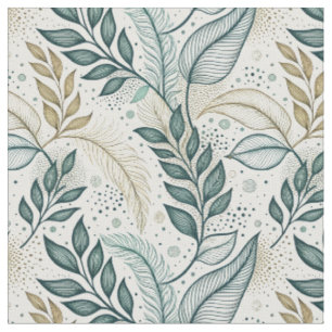 Teal & Beige Elegant Leaf Botanical Floral Pattern Fabric