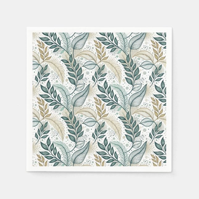 Teal & Beige Elegant Leaf Botanical Floral Pattern Napkin (Front)