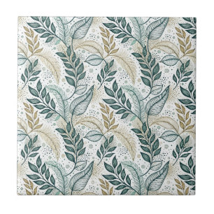 Teal & Beige Elegant Leaf Botanical Floral Pattern Tile