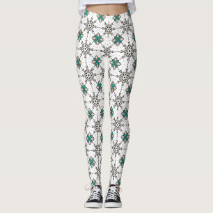 Teal Beige Floral Geometric Pattern Leggings