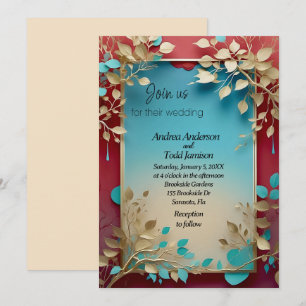 Teal beige leaves red gold frame wedding invitation