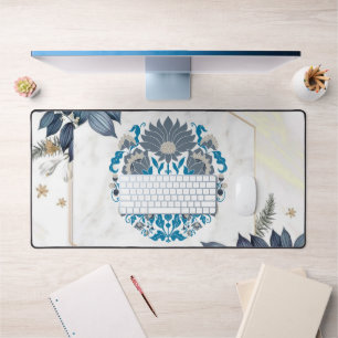 Teal & Beige Mandala Graphic Artwork, Floral Frame Desk Mat