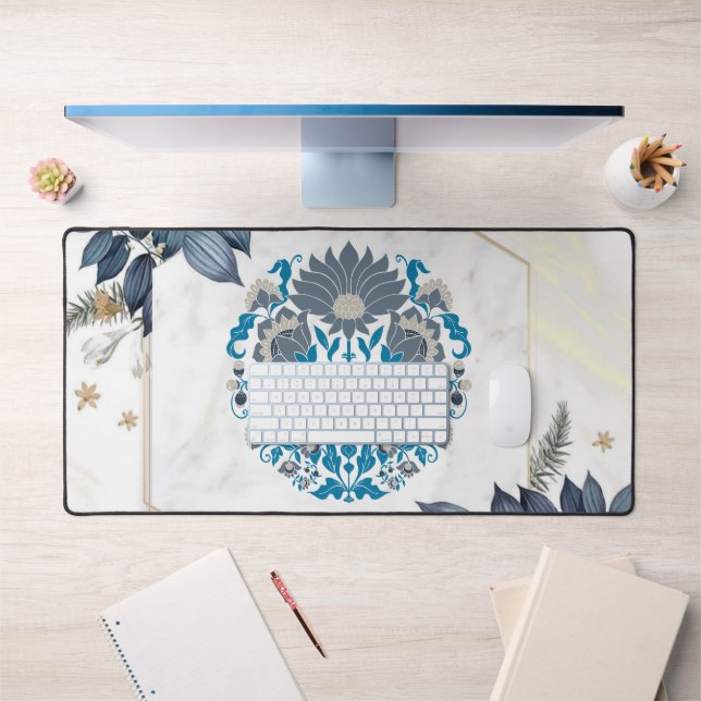 Teal & Beige Mandala Graphic Artwork, Floral Frame Desk Mat (Office 1)