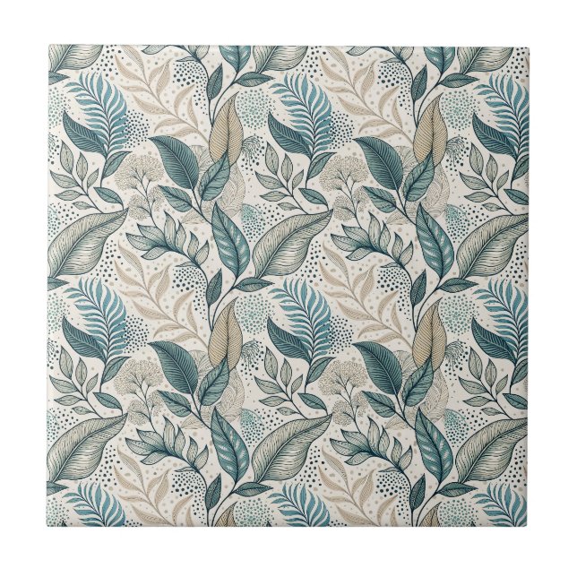 Teal & Beige Minimal Leaf Botanical Floral Pattern Tile (Front)