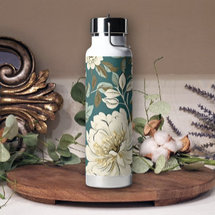 Teal Beige Soft Pretty Floral Water Bottle