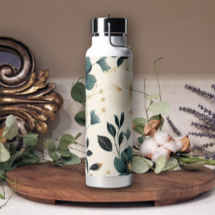 Teal Beige Soft Pretty Floral Water Bottle