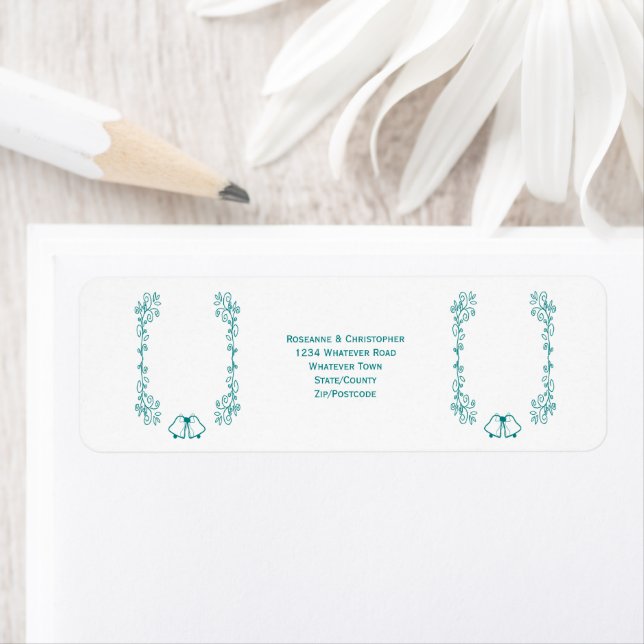 Teal Bell Scrollwork Design Wedding Return Address (Insitu)