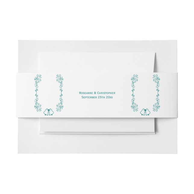 Teal Bells Scrollwork Design Wedding Invitation Belly Band (Front Example)